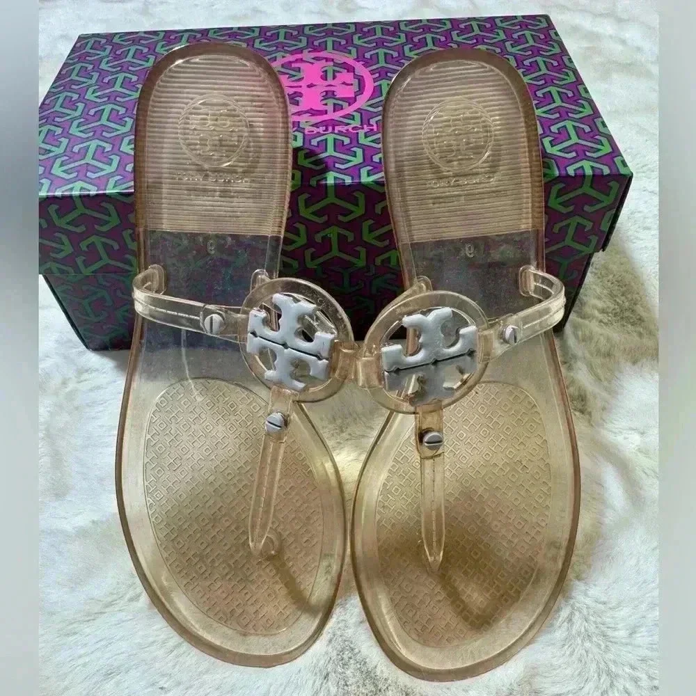 Tory Burch Mini Miller Jelly Thong Sandal Gray Size 6 like new with box